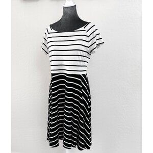 LOFT Mixed Stripe A-Line Flare Dress - Black/White - Size LP